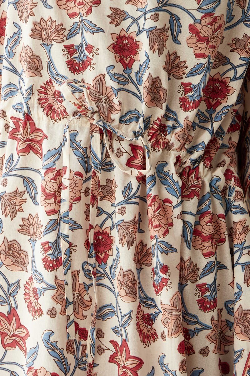 Cream Hand Printed Cotton Mul Kaftan