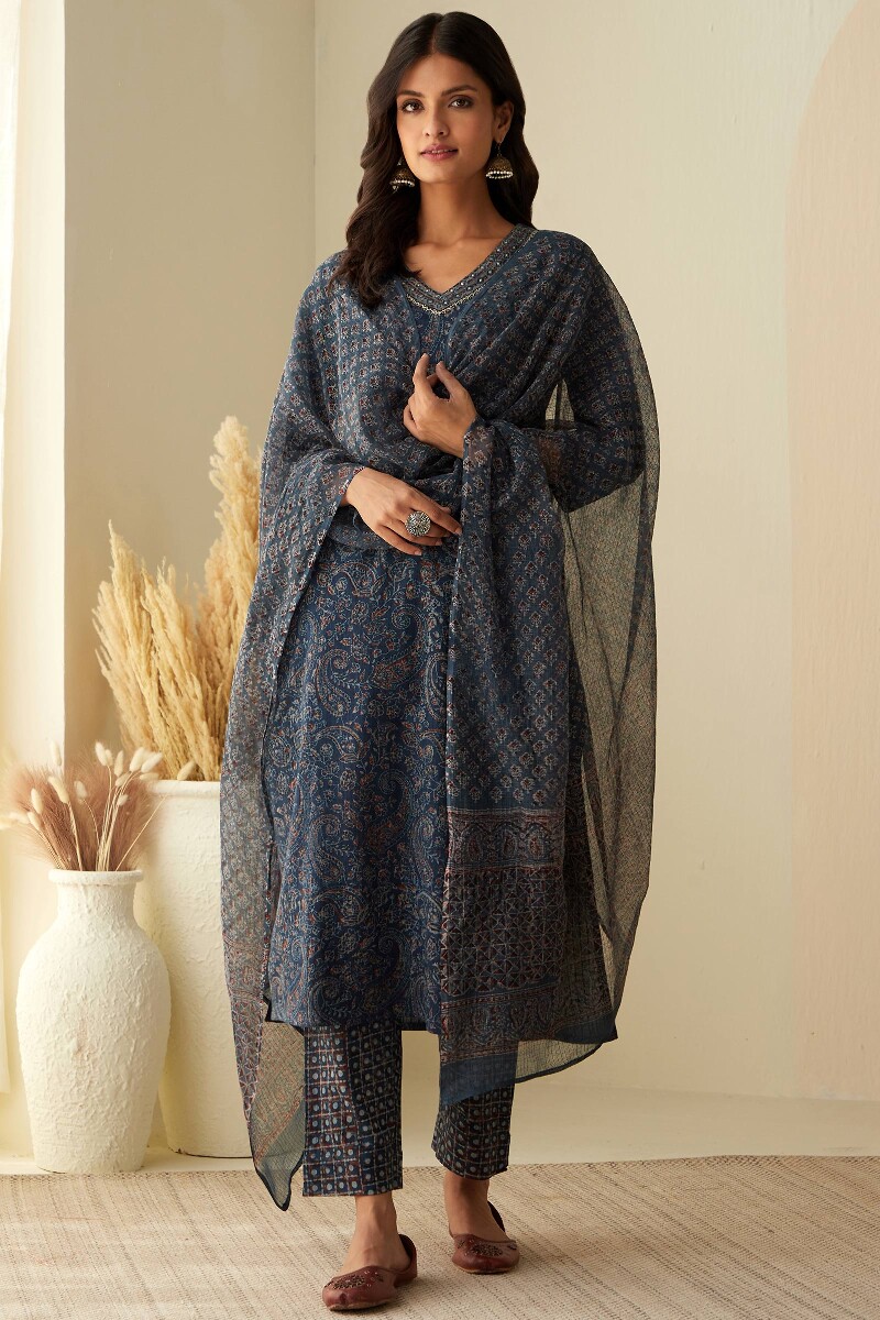 Akola Hand Block-Printed Straight Cotton Dobby Kurta