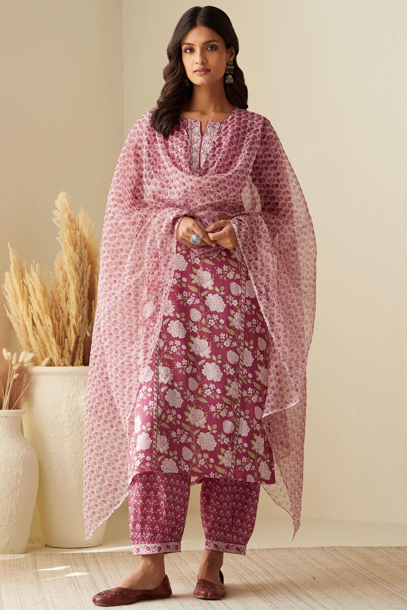 Pink Hand Printed Straight Viscose Kurta