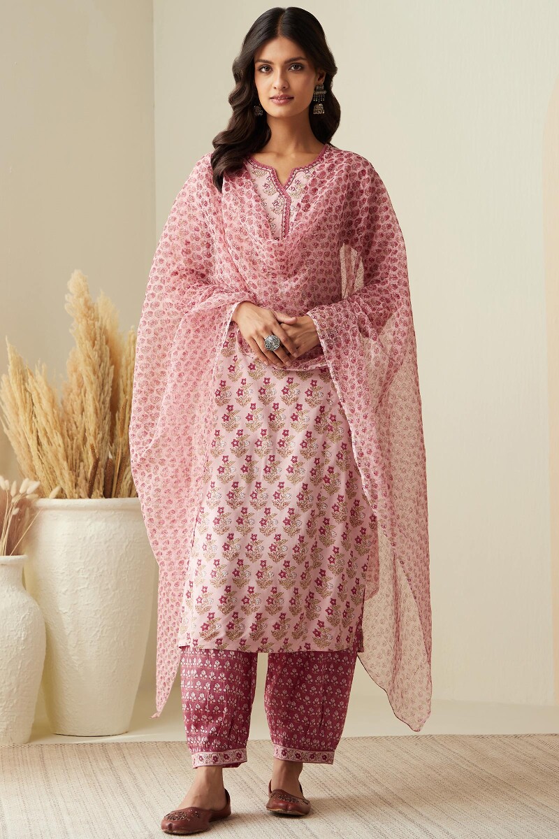 Pink Hand Printed Straight Viscose Kurta