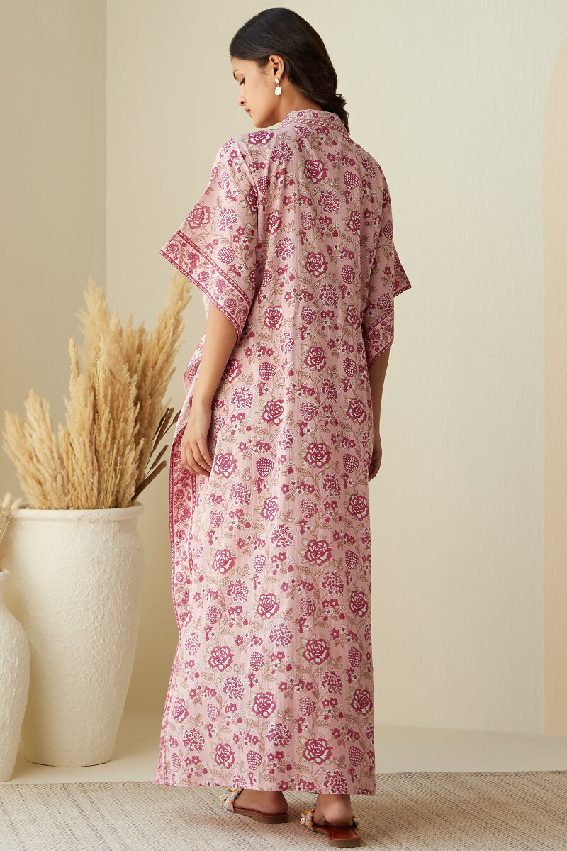 Pink Hand Printed Cotton Mul Kaftan