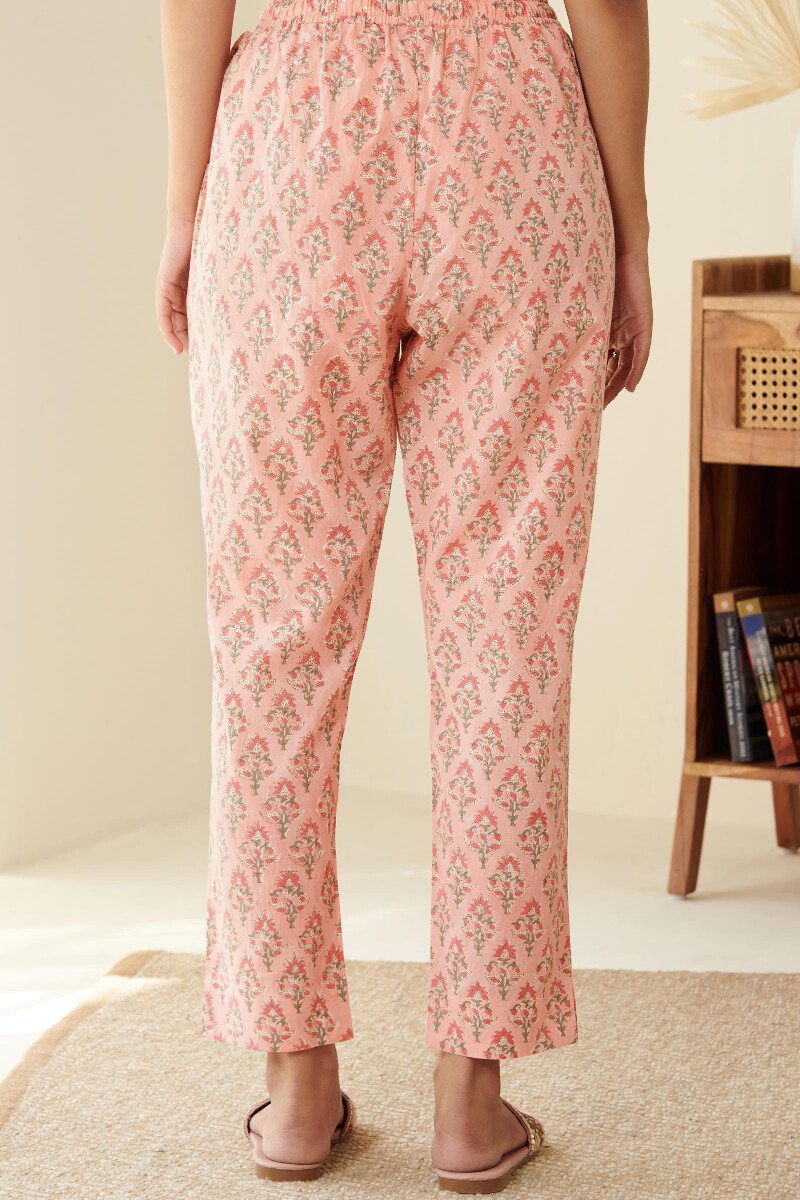 Peach Hand Block-Printed Cotton Narrow Pants