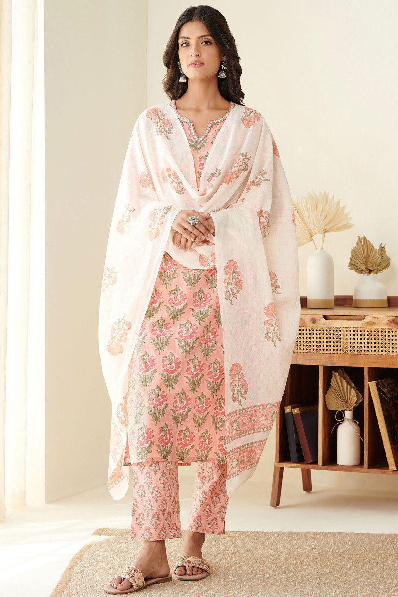 Peach Hand Block-Printed Straight Cotton Kurta