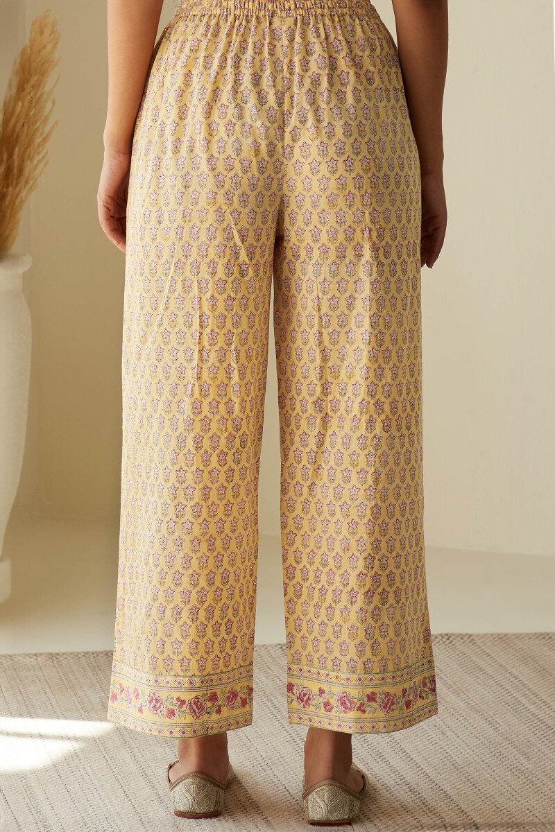 Yellow Hand Block-Printed Cotton Slub Culottes