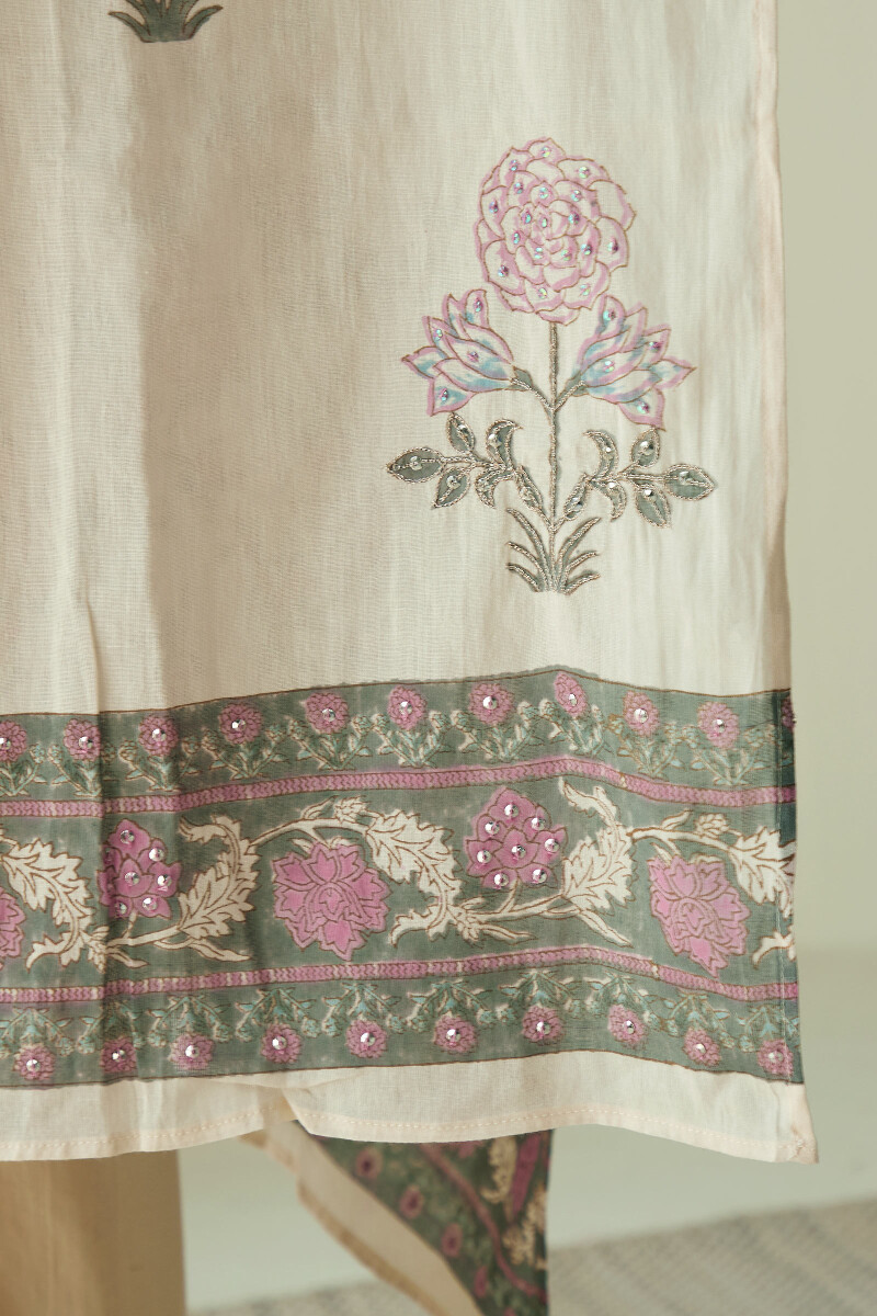 Beige Hand Block-Printed Cotton Mul Dupatta