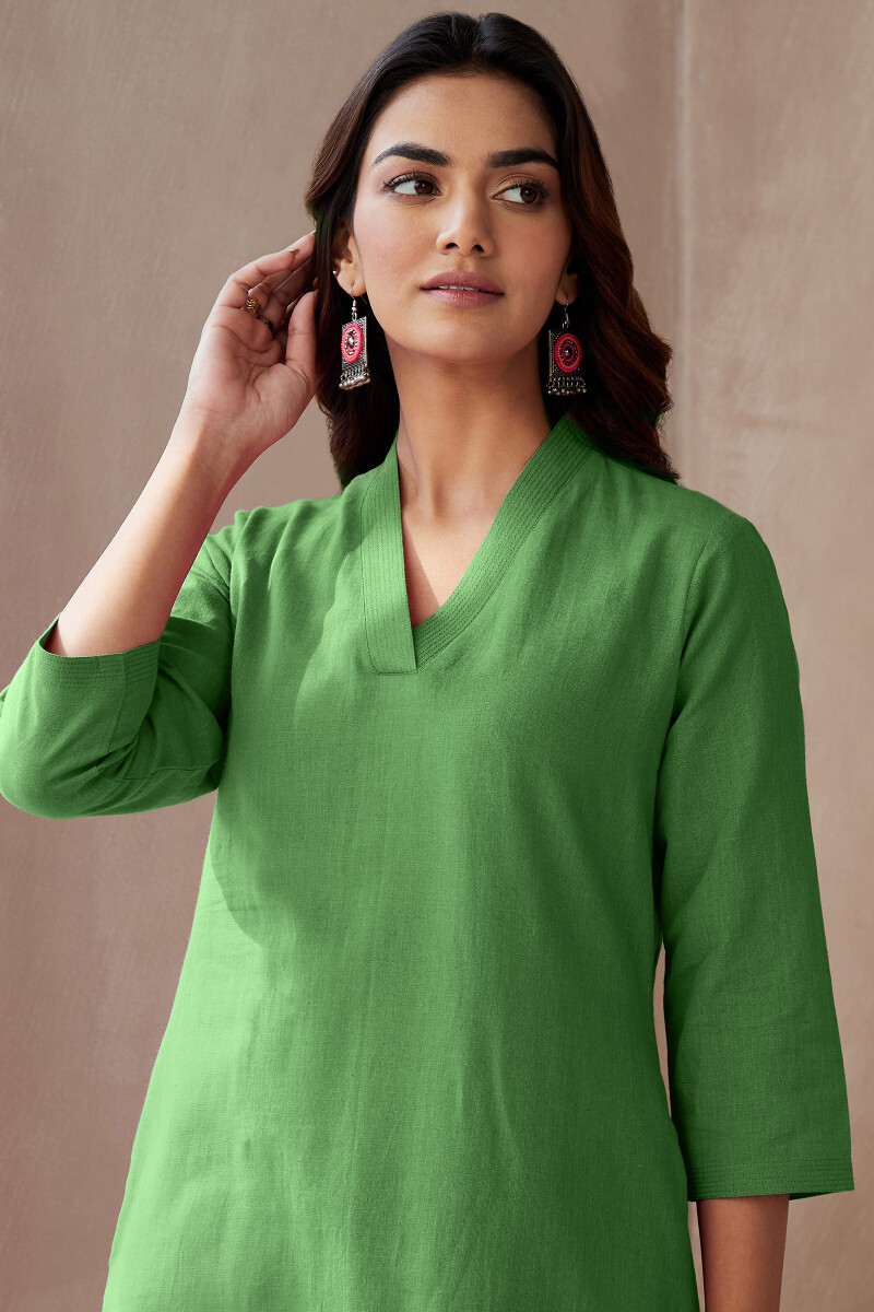 Leaf Green Handcrafted Straight Cotton Flax Kurta