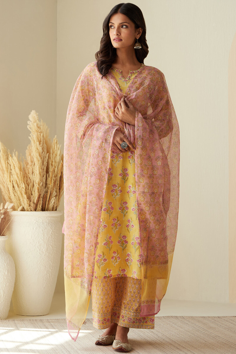 Yellow Hand Block-Printed Straight Cotton Slub Kurta