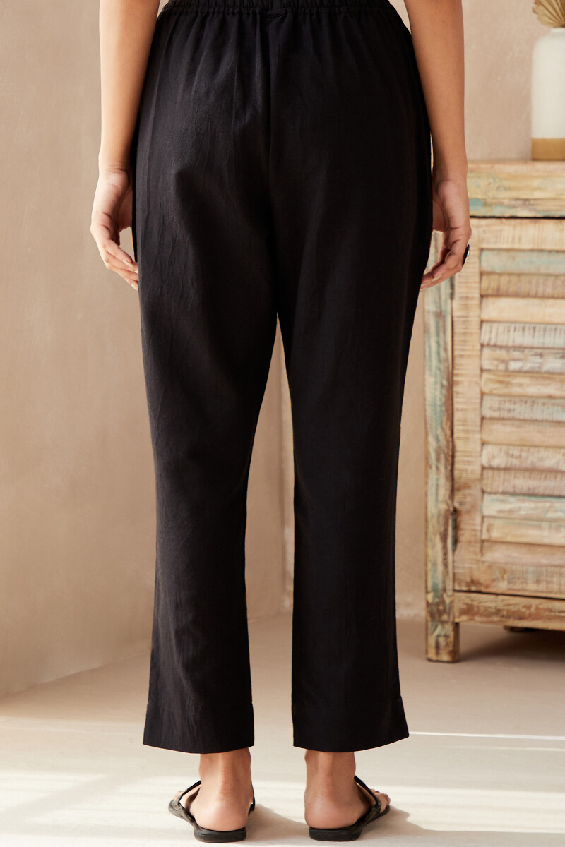Black Handcrafted Cotton Slub Narrow Pants