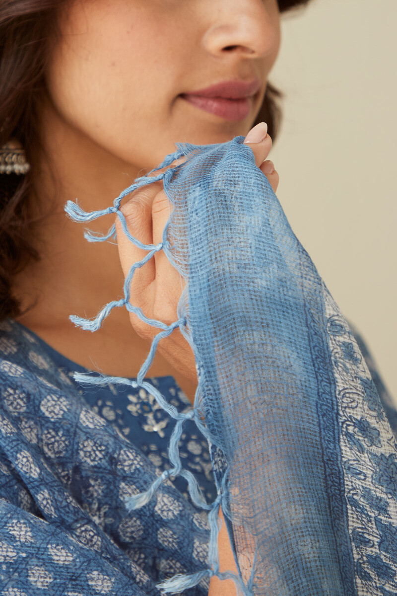 Indigo Hand Block-Printed Kota Dupatta