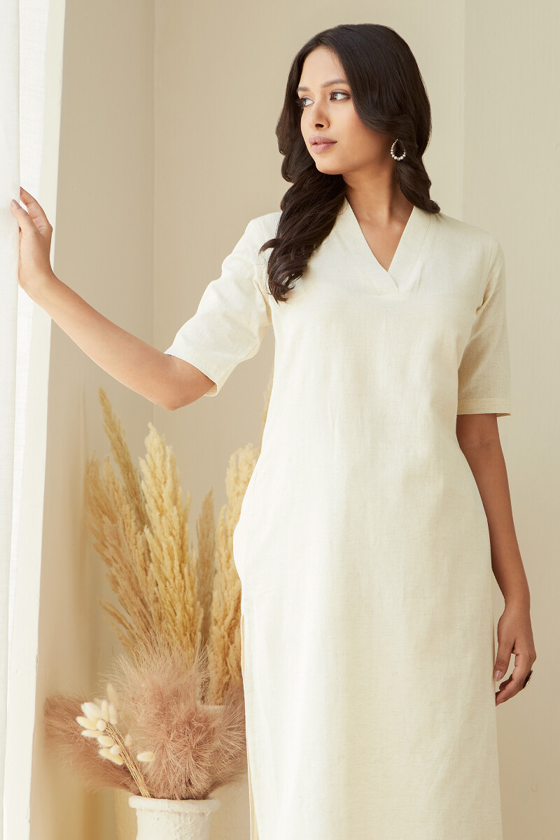 Off-White Handcrafted Straight Cotton Flax Kurta