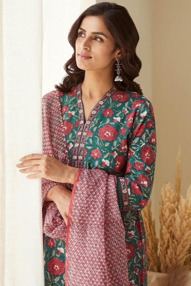 Green Hand Block-Printed A-Line Cotton Kurta