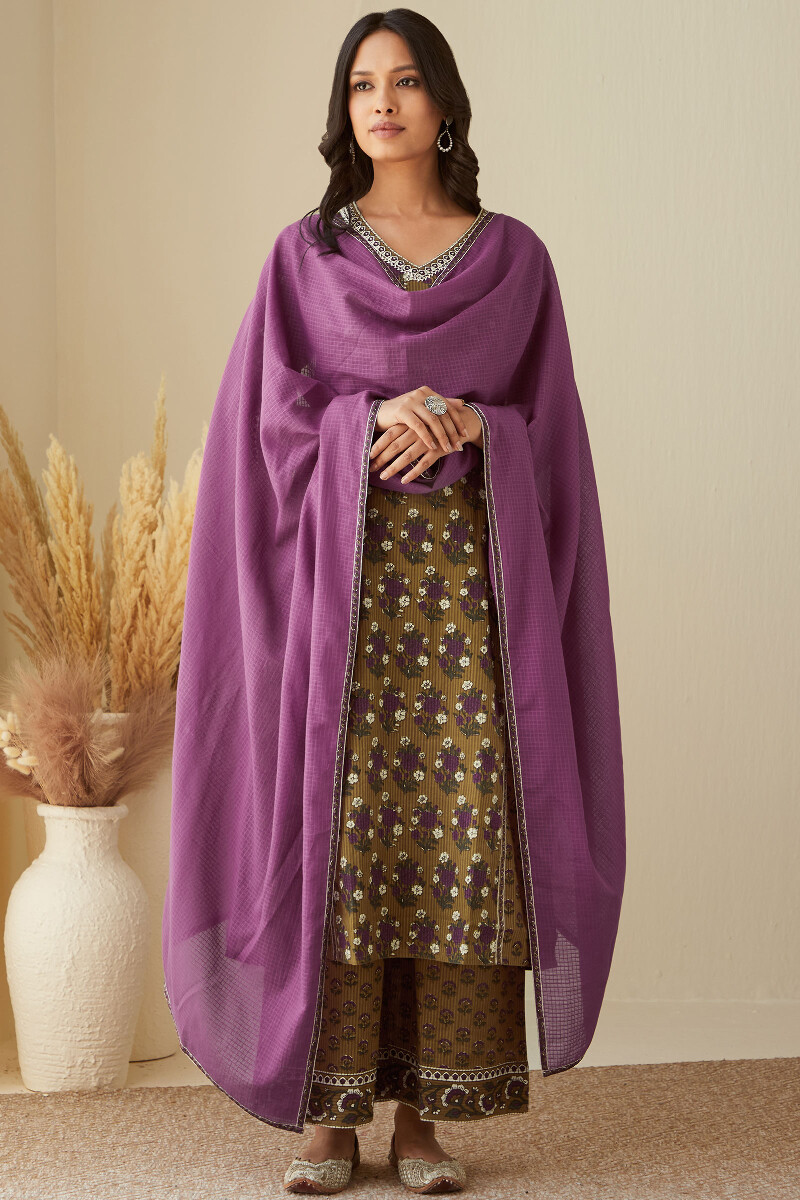 Mustard Hand Printed Straight Cotton Dobby Kurta