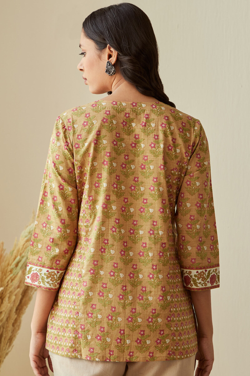 Mustard Hand Printed Cotton Slub Top