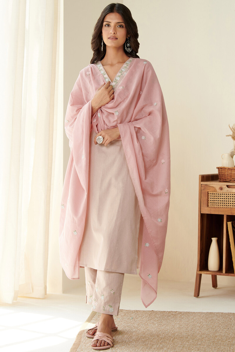 Pink Handcrafted Cotton Mul Dupatta
