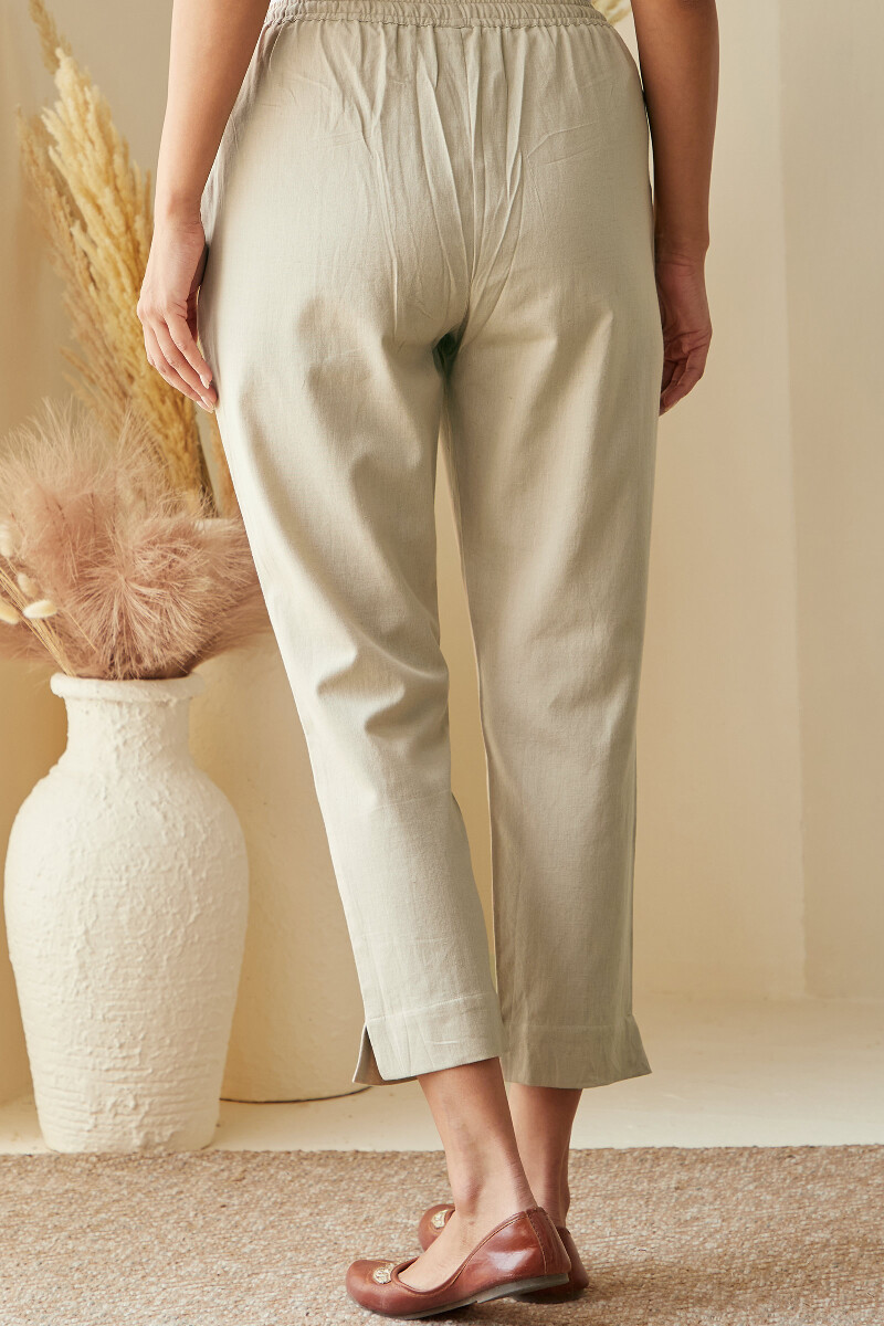 Beige Handcrafted Cotton Flax Narrow Pants