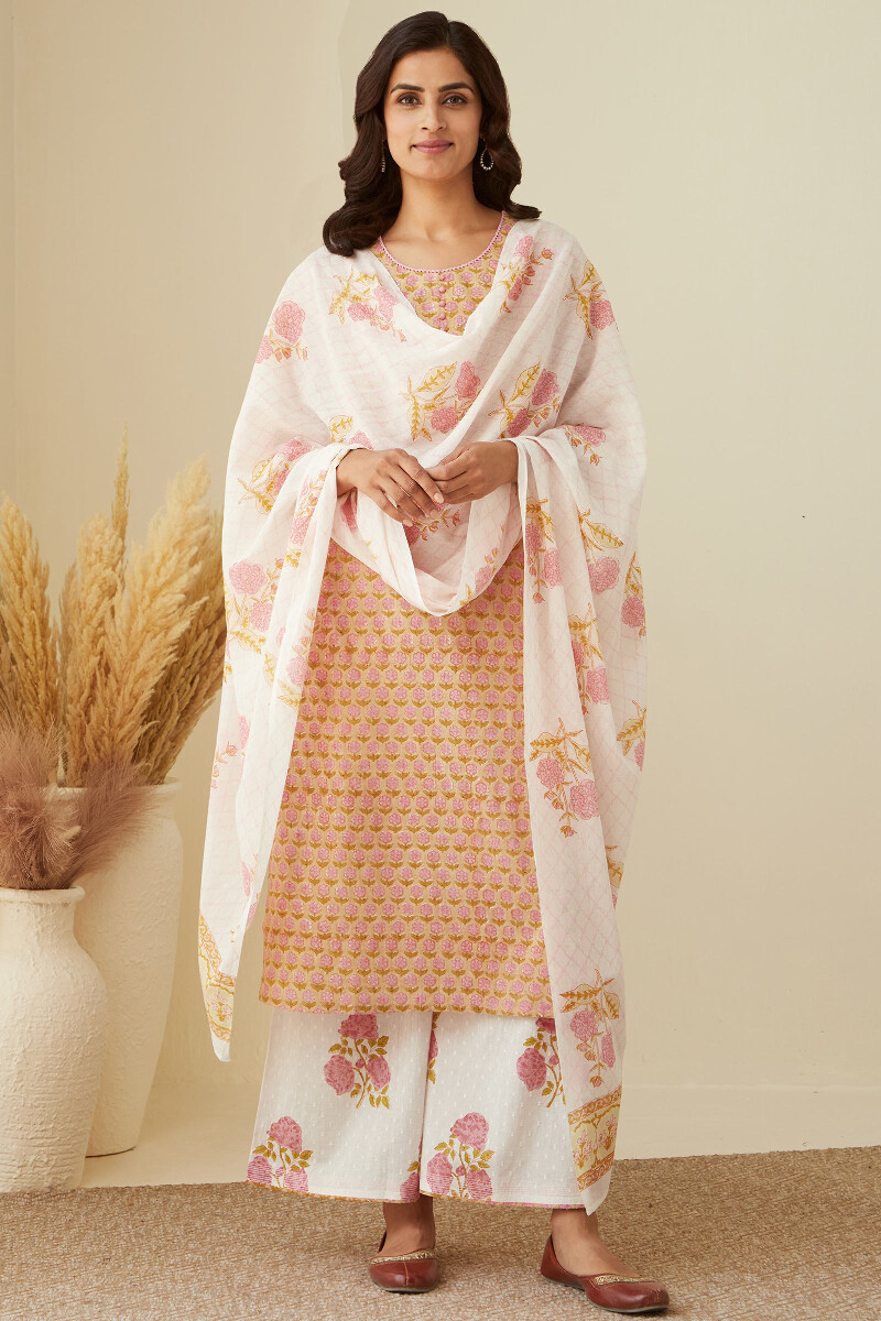 Beige Hand Block-Printed. Straight Cotton Dobby Kurta