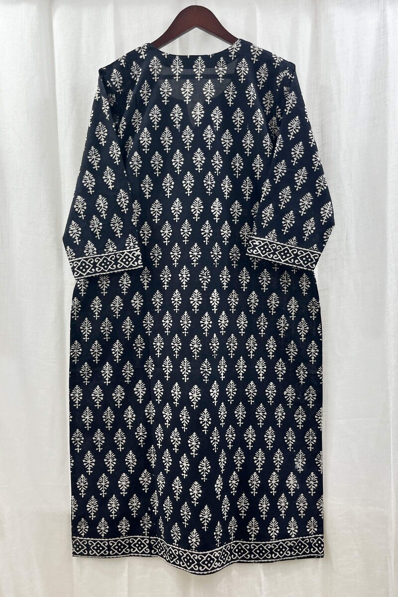 Black Hand Block-Printed Straight Cotton Kurta