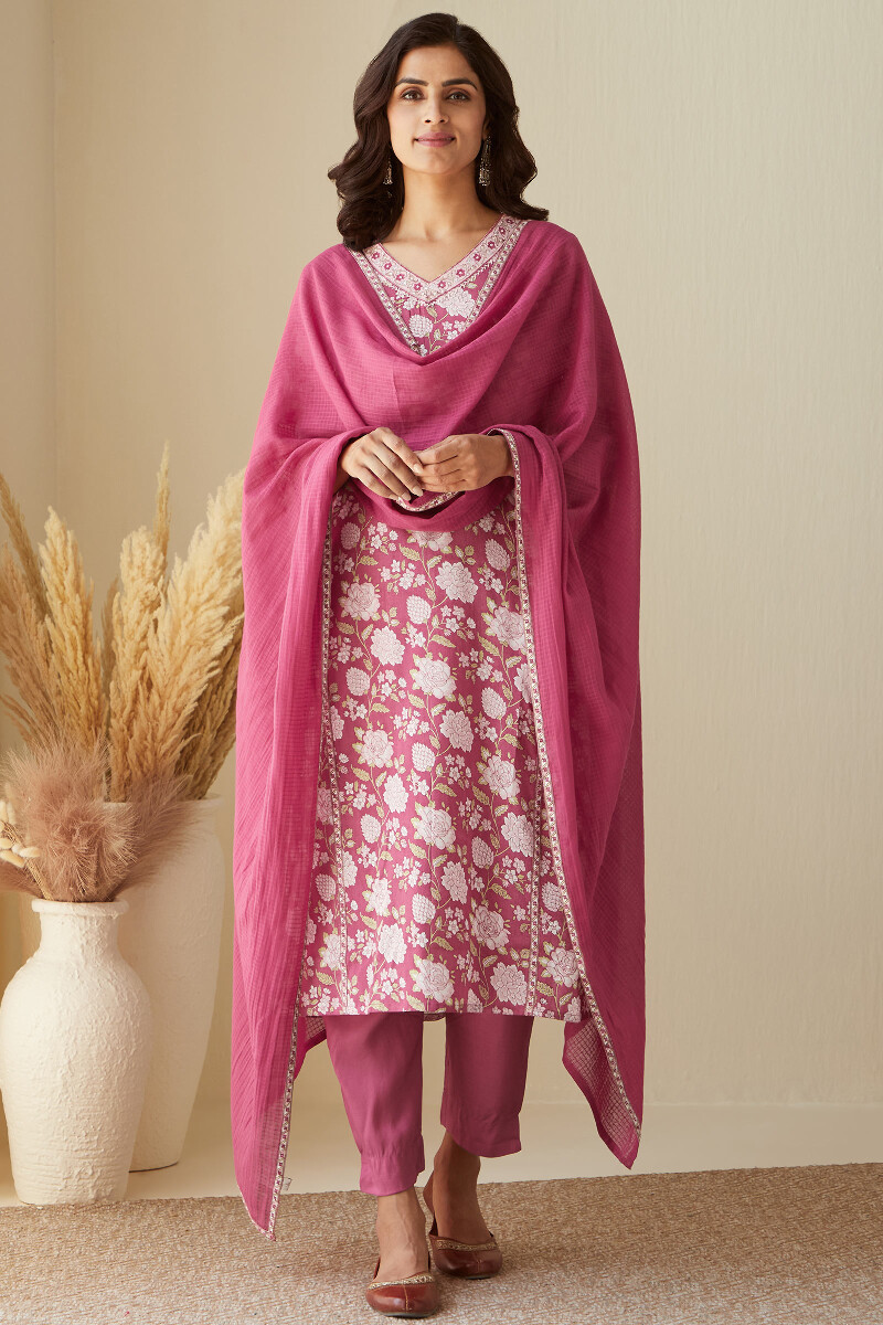 Pink Hand Printed Straight Viscose Kurta
