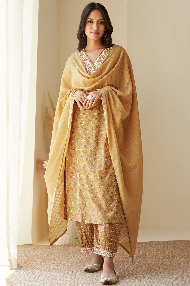 Mustard Hand Printed Straight Cotton Slub Kurta
