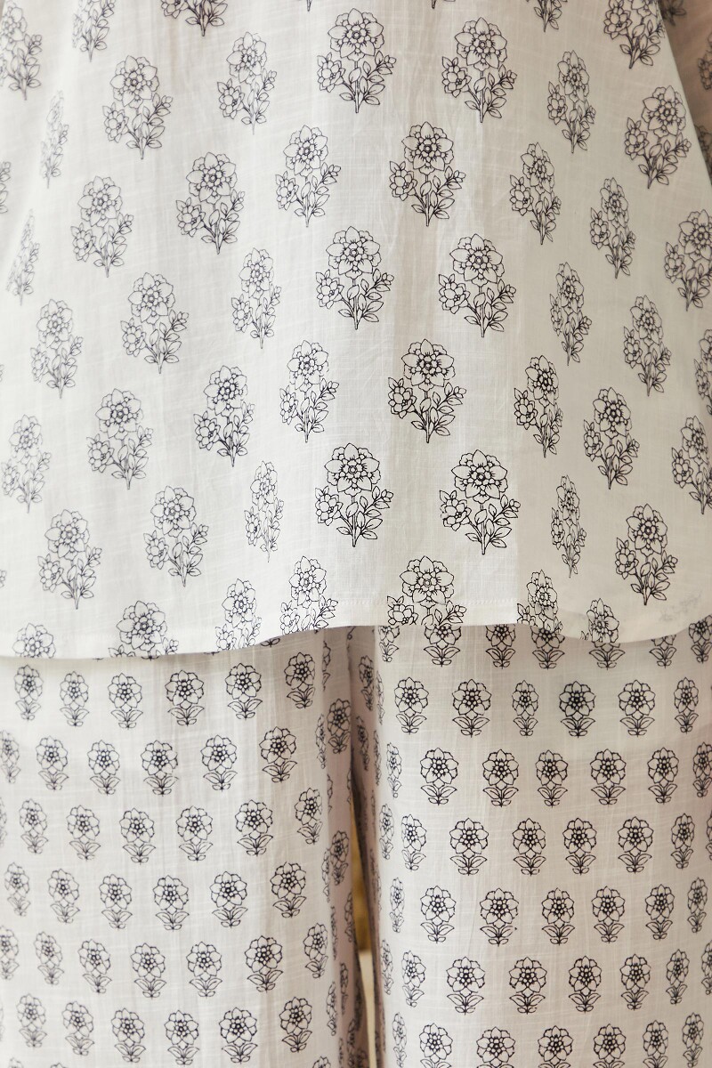 White Hand-Printed Cotton Slub Loungewear Set