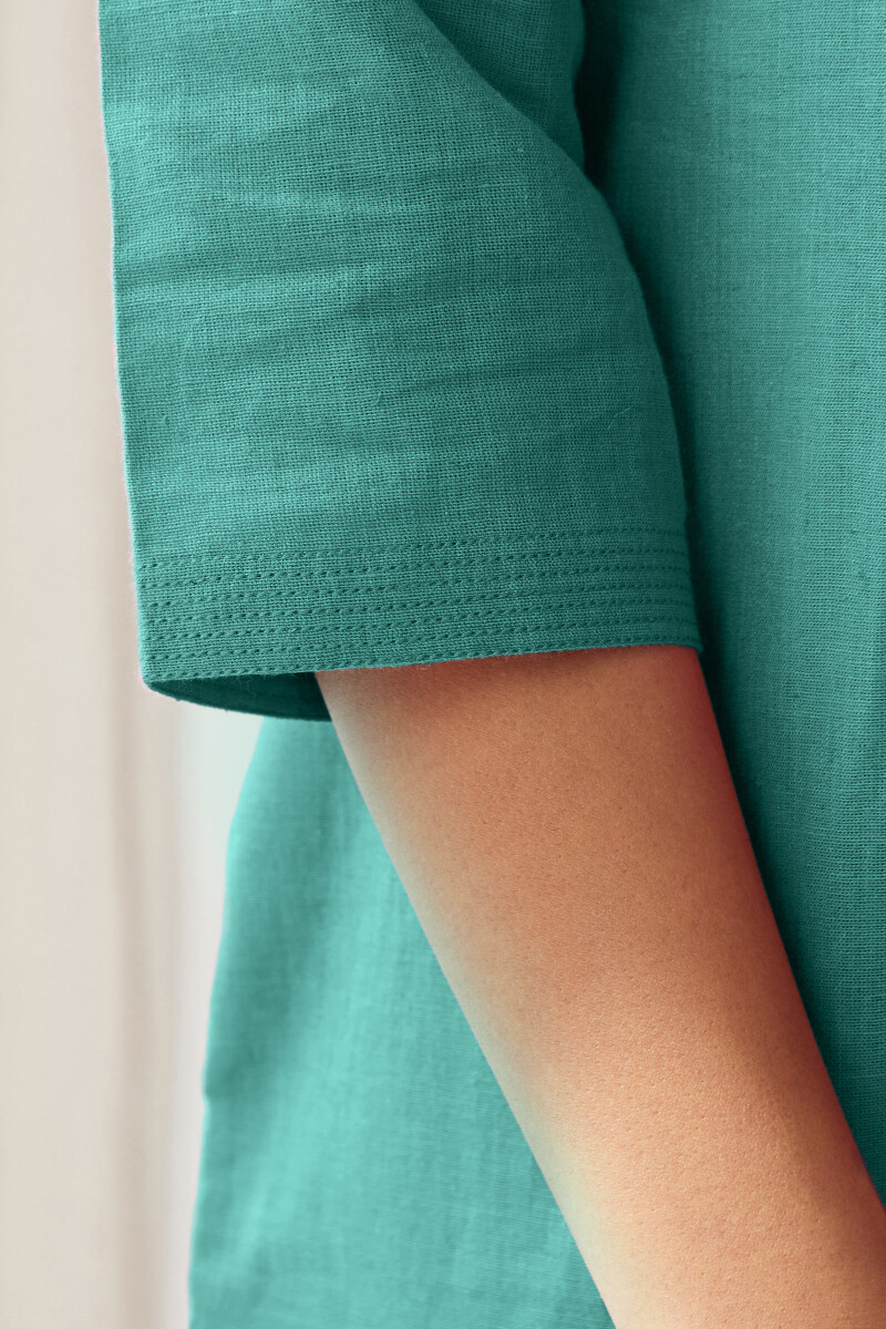 Turquoise Handcrafted Straight Cotton Flax Kurta