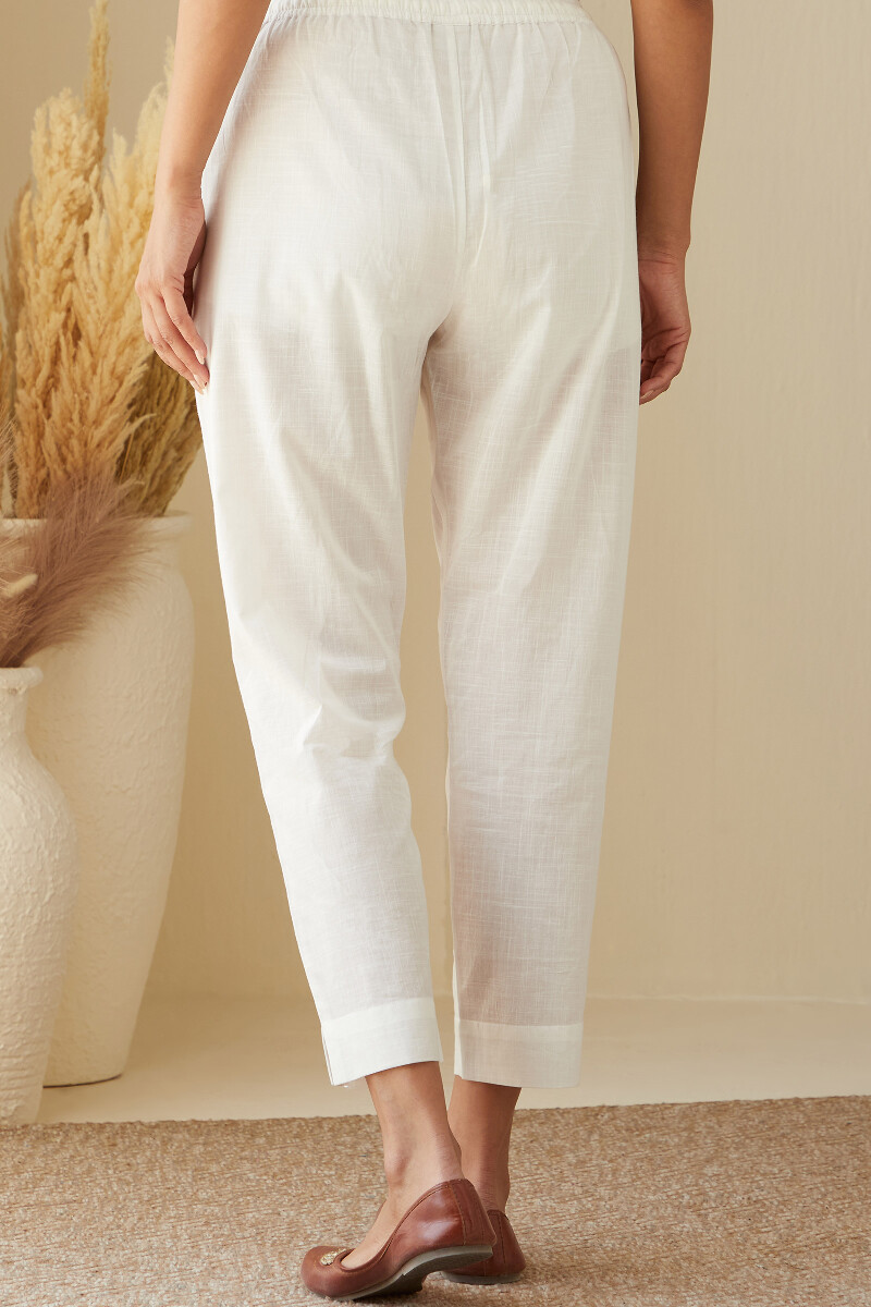 White Handcrafted Cotton Slub Narrow Pants