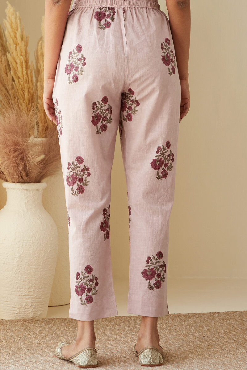 Purple Hand Block-Printed Cotton Slub Narrow Pants