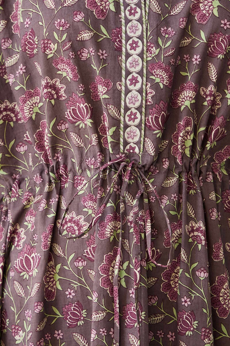 Purple Hand Printed Cotton Mul Kaftan