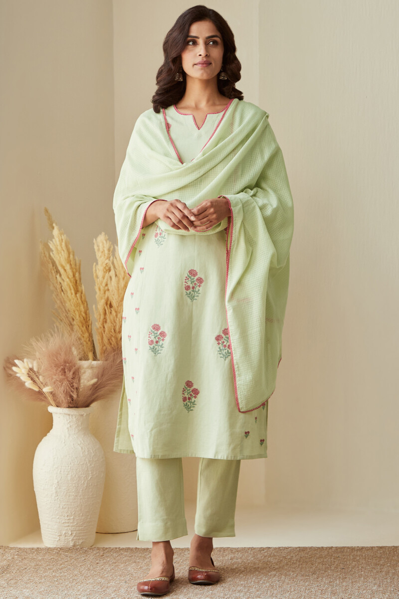 Green Handcrafted Straight Cotton Flax Kurta