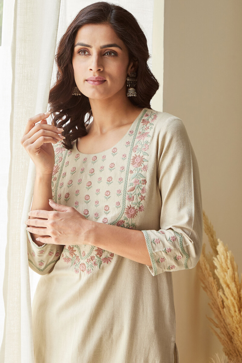 Beige Handcrafted Straight Cotton Flax Kurta