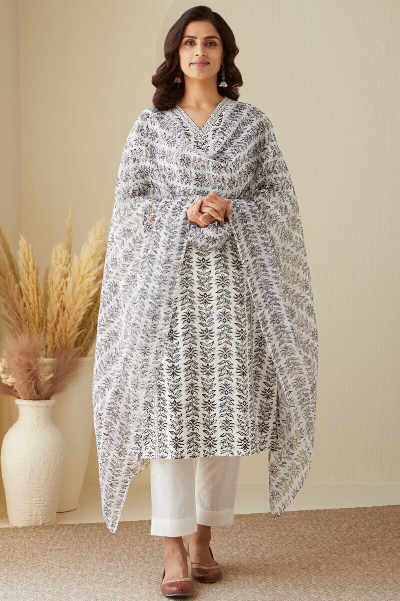 White Hand Printed Straight Cotton Slub Kurta