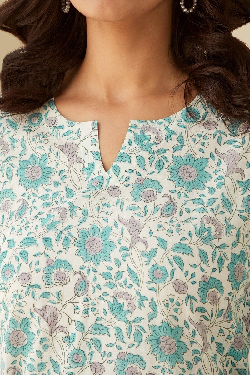 White Hand Block-Printed Straight Cotton Slub Kurta