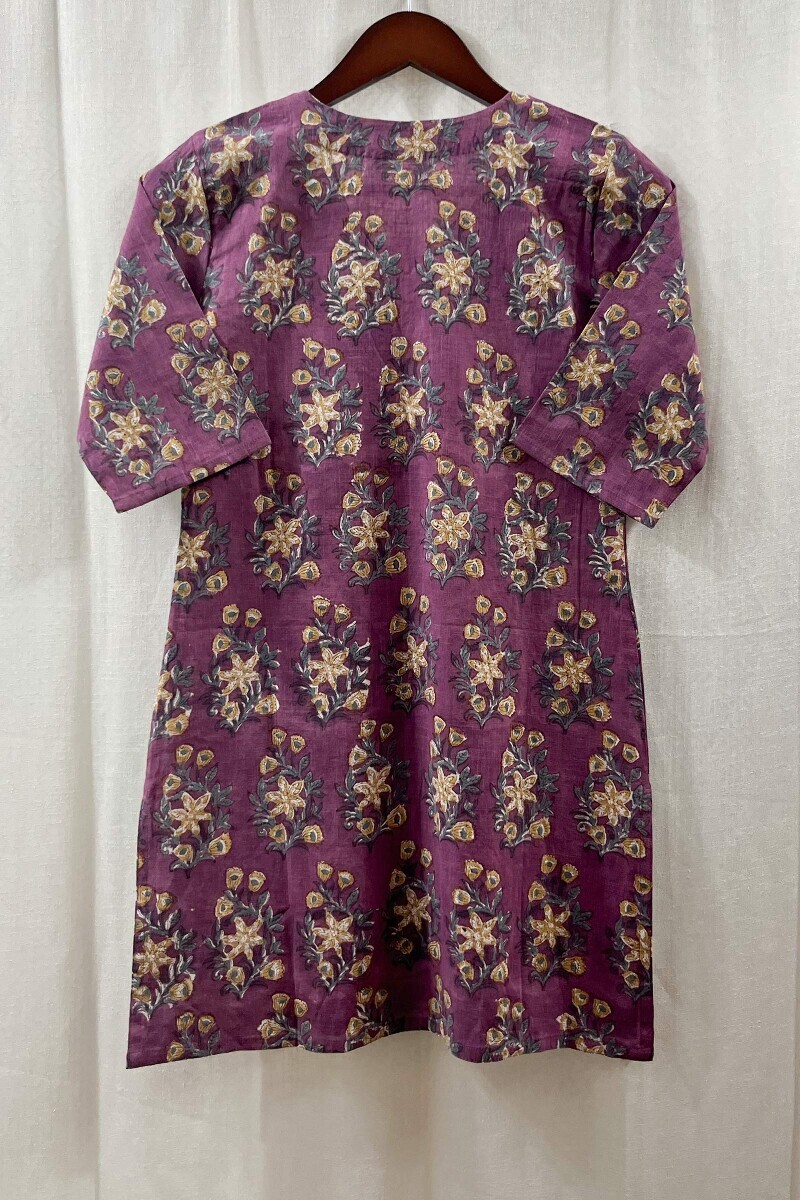 Purple Hand Block-Printed Cotton Slub Top