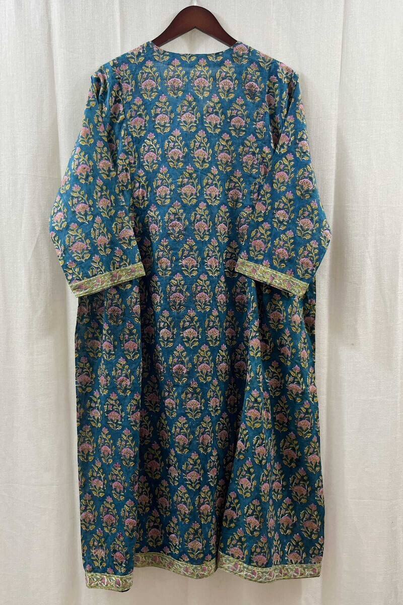 Teal Hand Block-Printed A-Line Cotton Mul Kurta