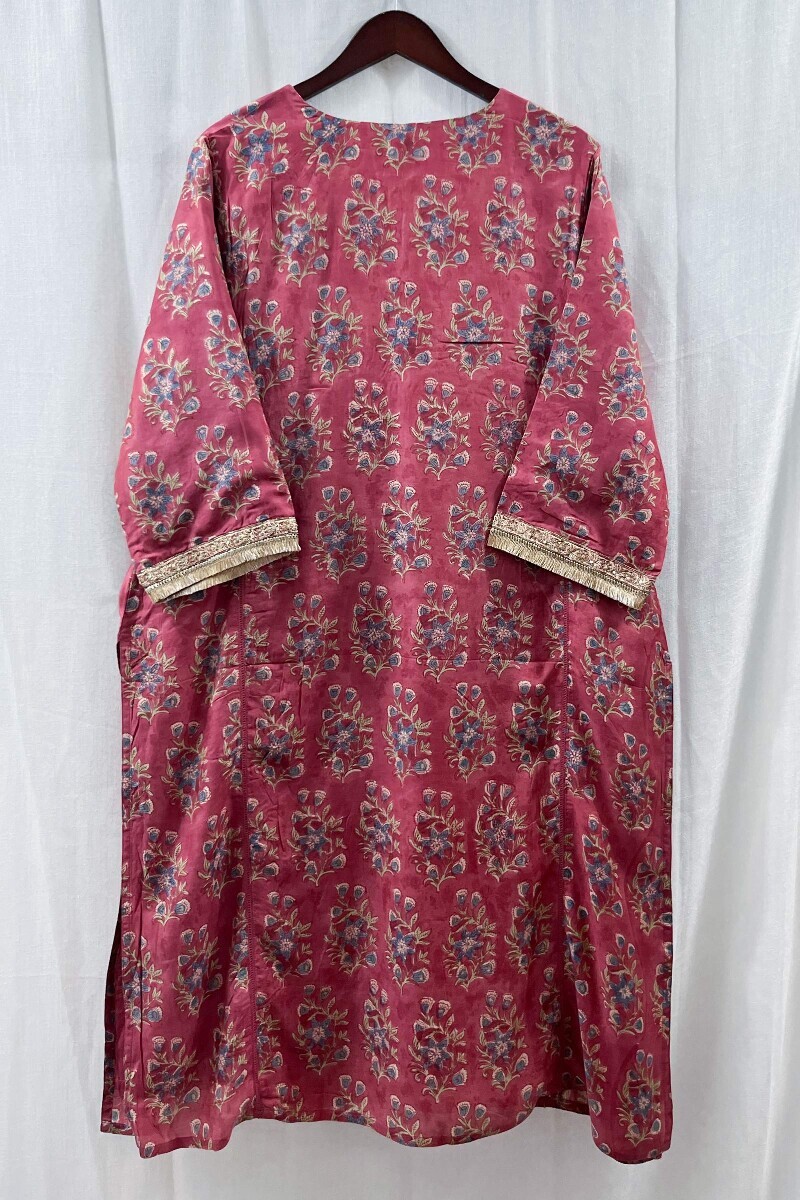 Pink Hand Block-Printed Straight Modal Kurta