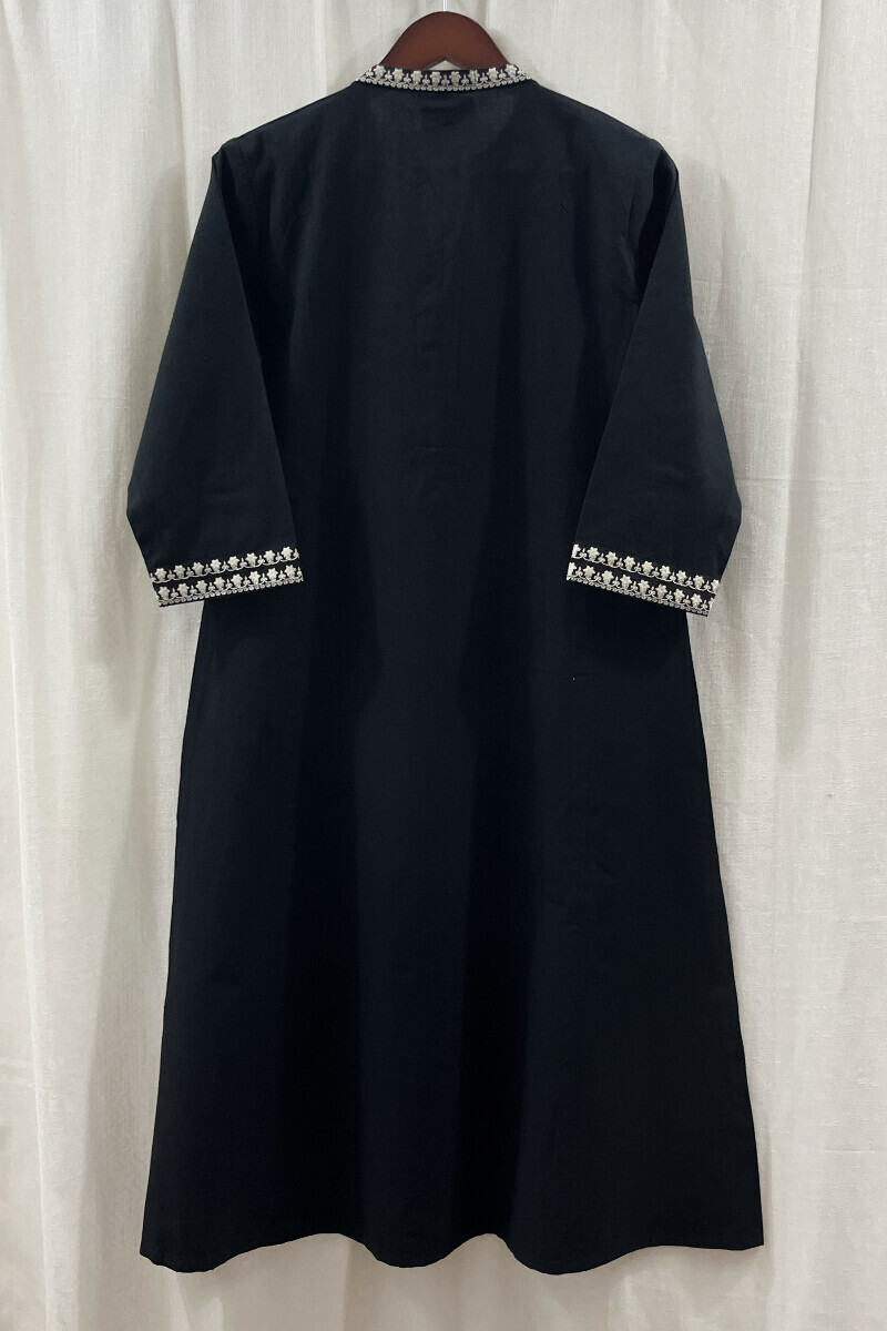 Black Handcrafted Straight Cotton Flax Kurta
