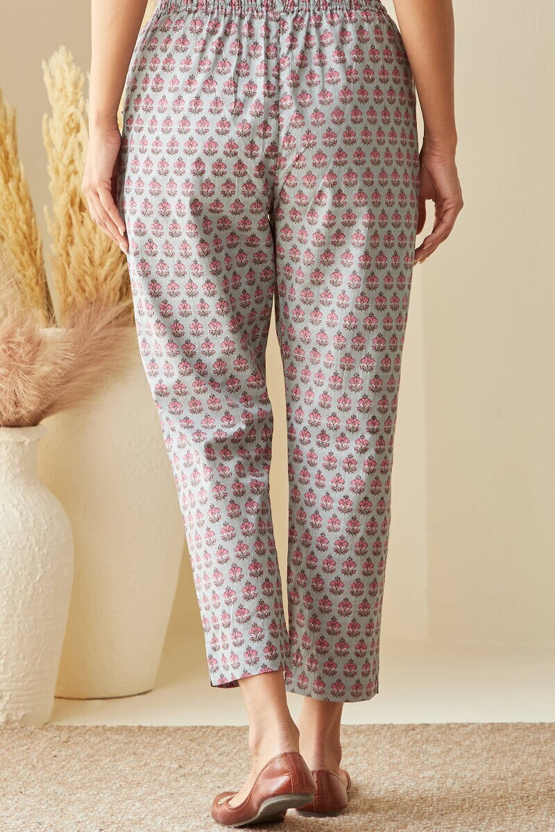 Blue Hand Printed Cotton Slub Narrow Pants
