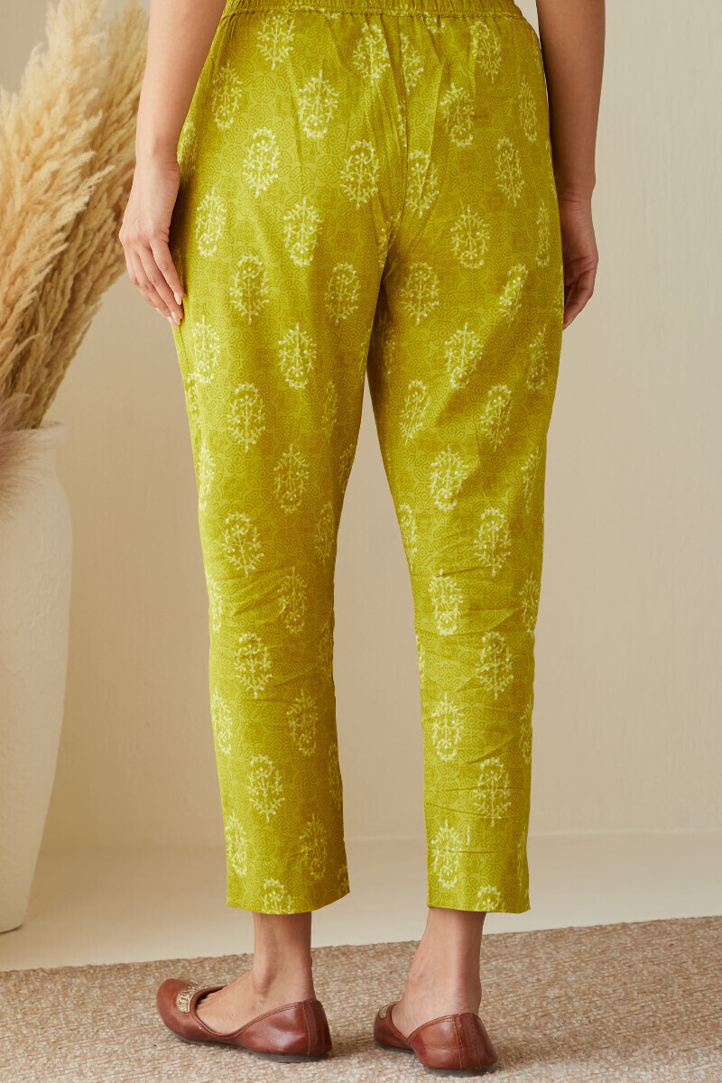 Green Hand Printed Cotton Narrow Pants
