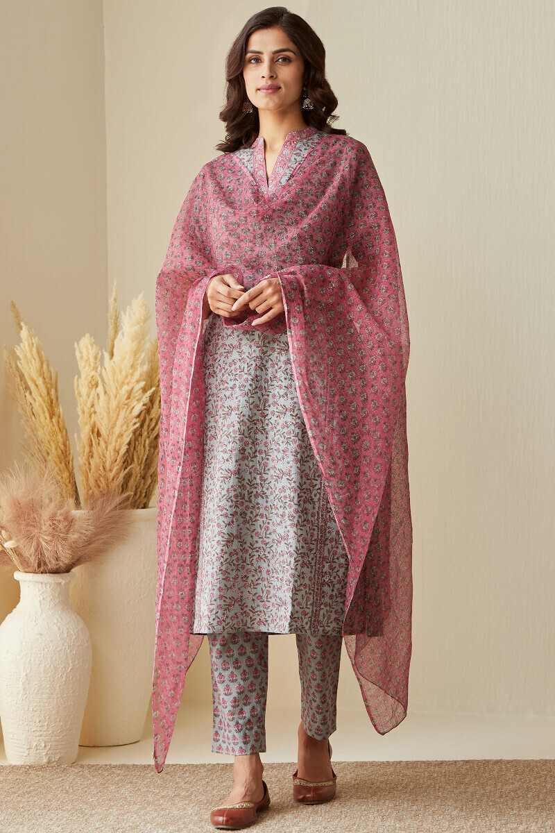 Blue Hand Printed Straight Cotton Slub Kurta