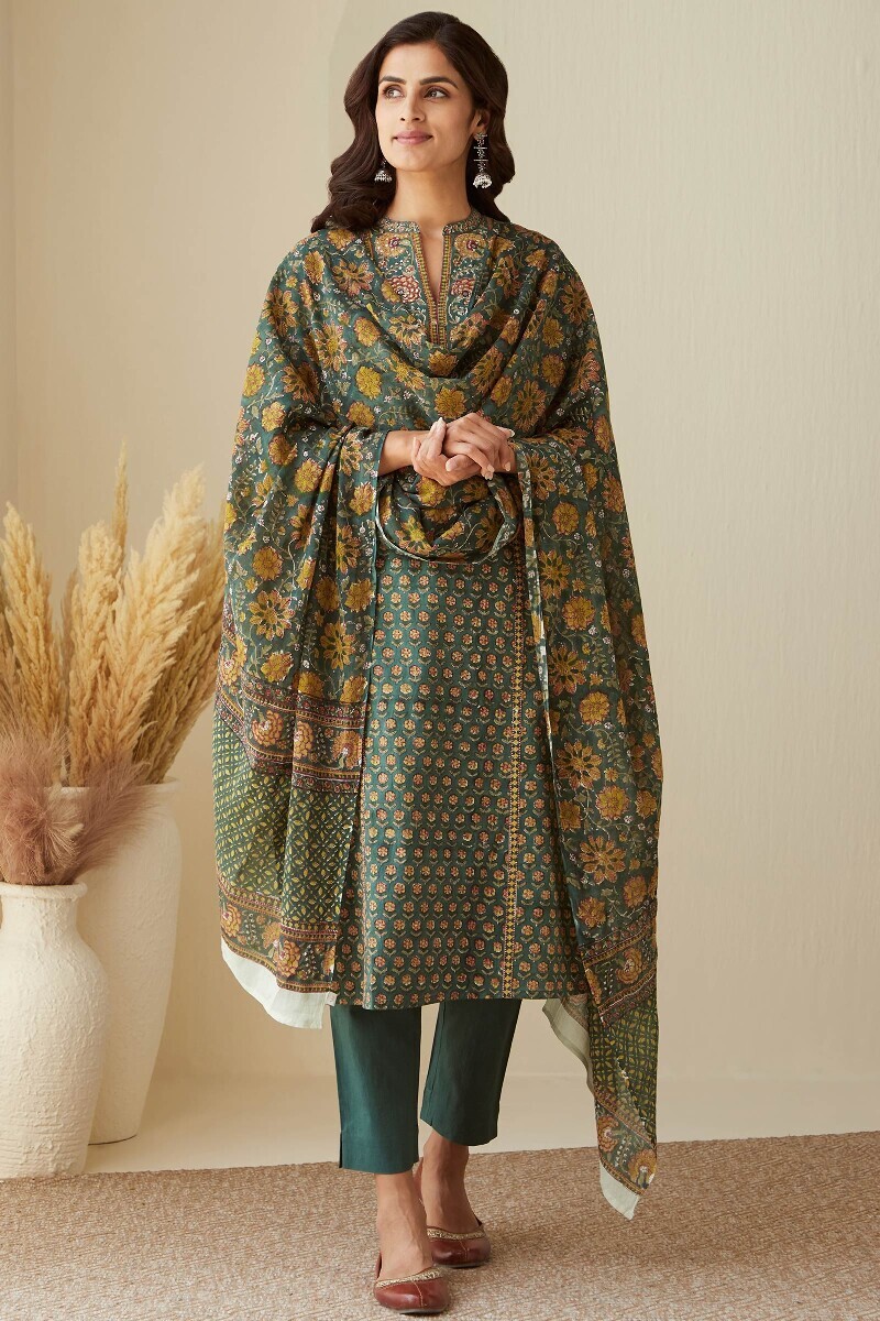 Green Hand Block-Printed Straight Cotton Kurta