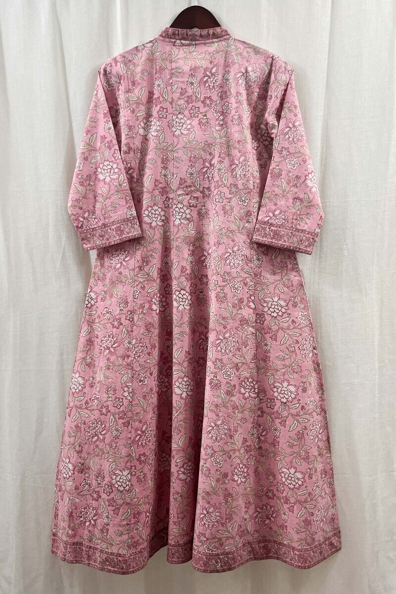 Pink Hand Block-Printed Anarkali Cotton Slub Kurta