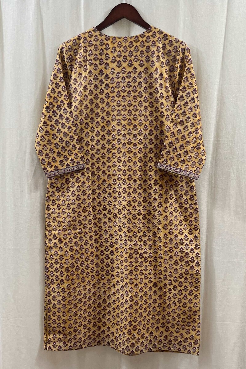 Yellow Hand Block-Printed Straight Chanderi Kurta
