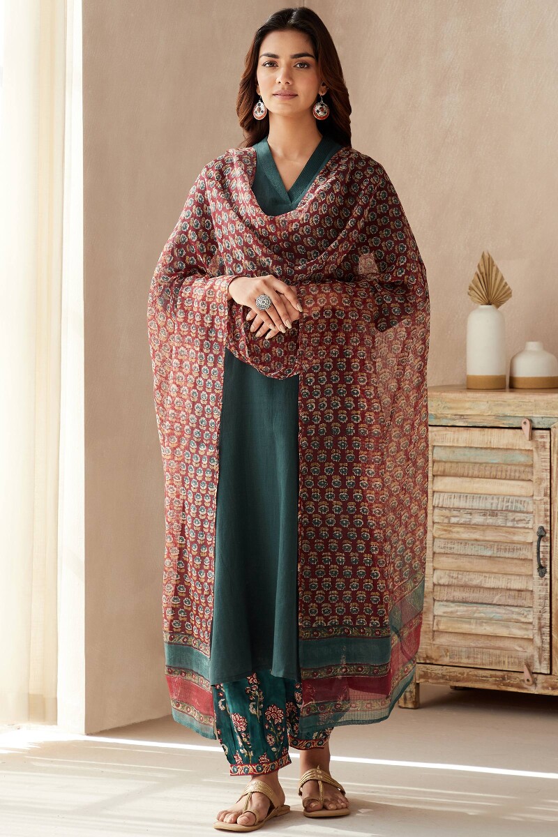 Teal Handcrafted Straight Cotton Kurta