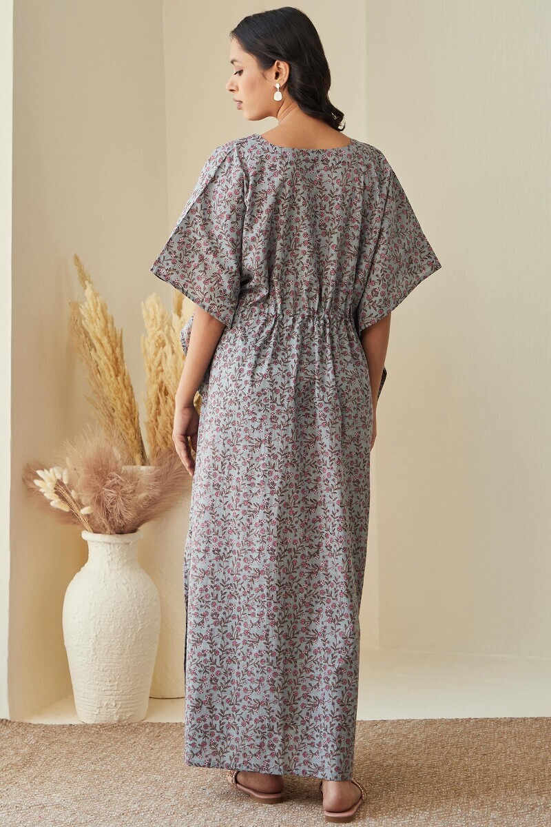 Blue Hand Printed Cotton Slub Kaftan