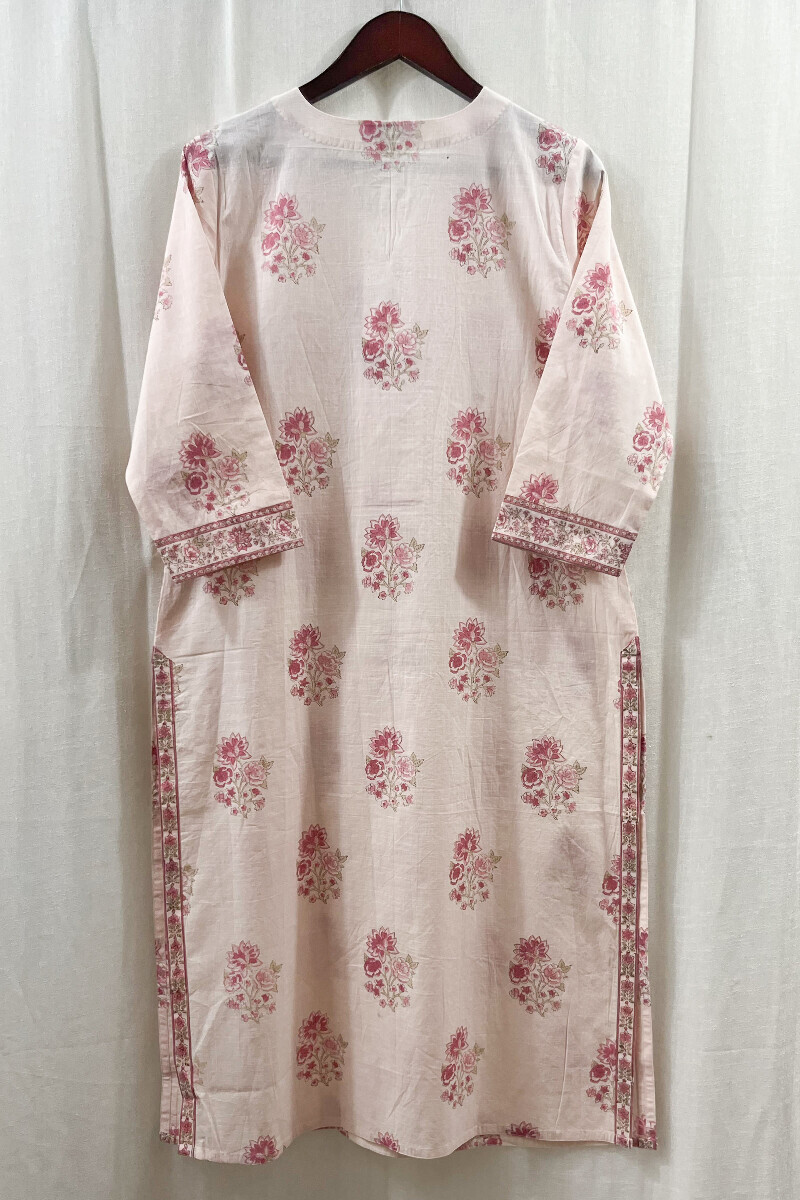 Light Pink Hand Block-Printed Straight Cotton Slub Kurta