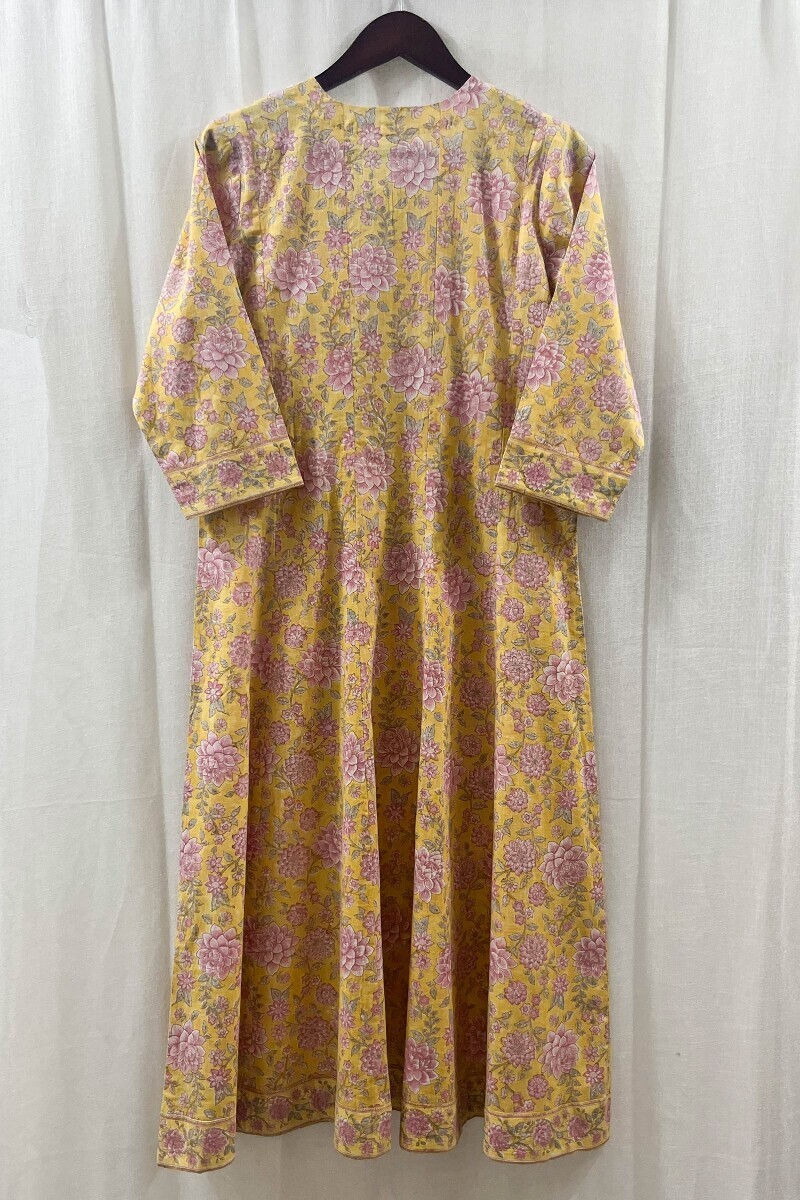 Yellow Hand Block-Printed A-Line Cotton Slub Kurta