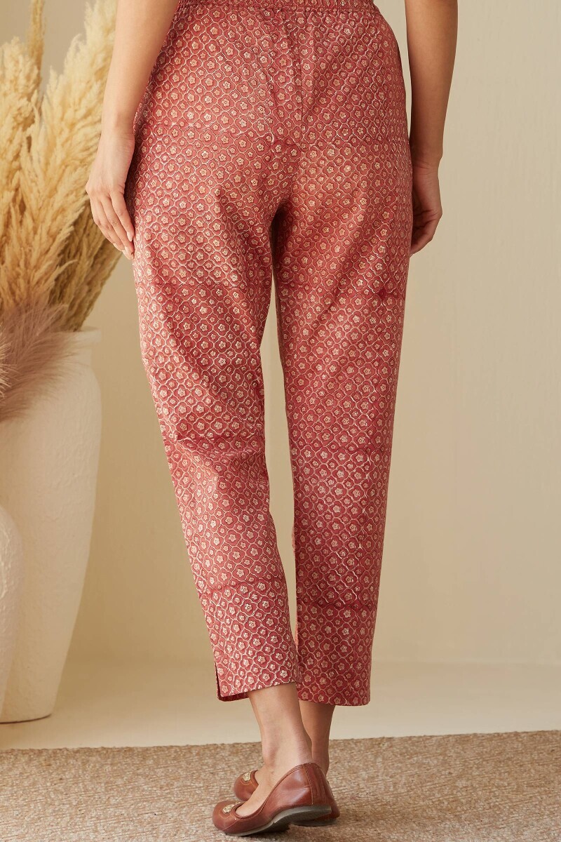 Red Hand Block-Printed Cotton Narrow Pants