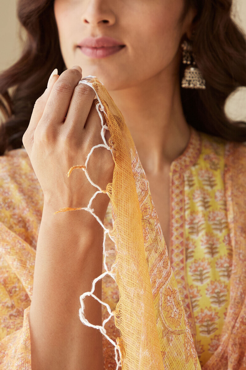 Orange Hand Block-Printed Kota Dupatta
