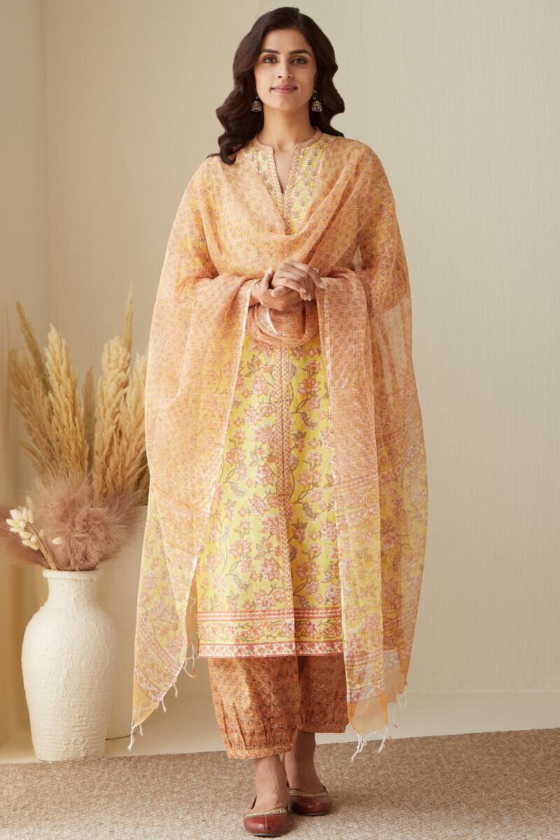 Yellow Hand Block-Printed Straight Cotton Slub Kurta