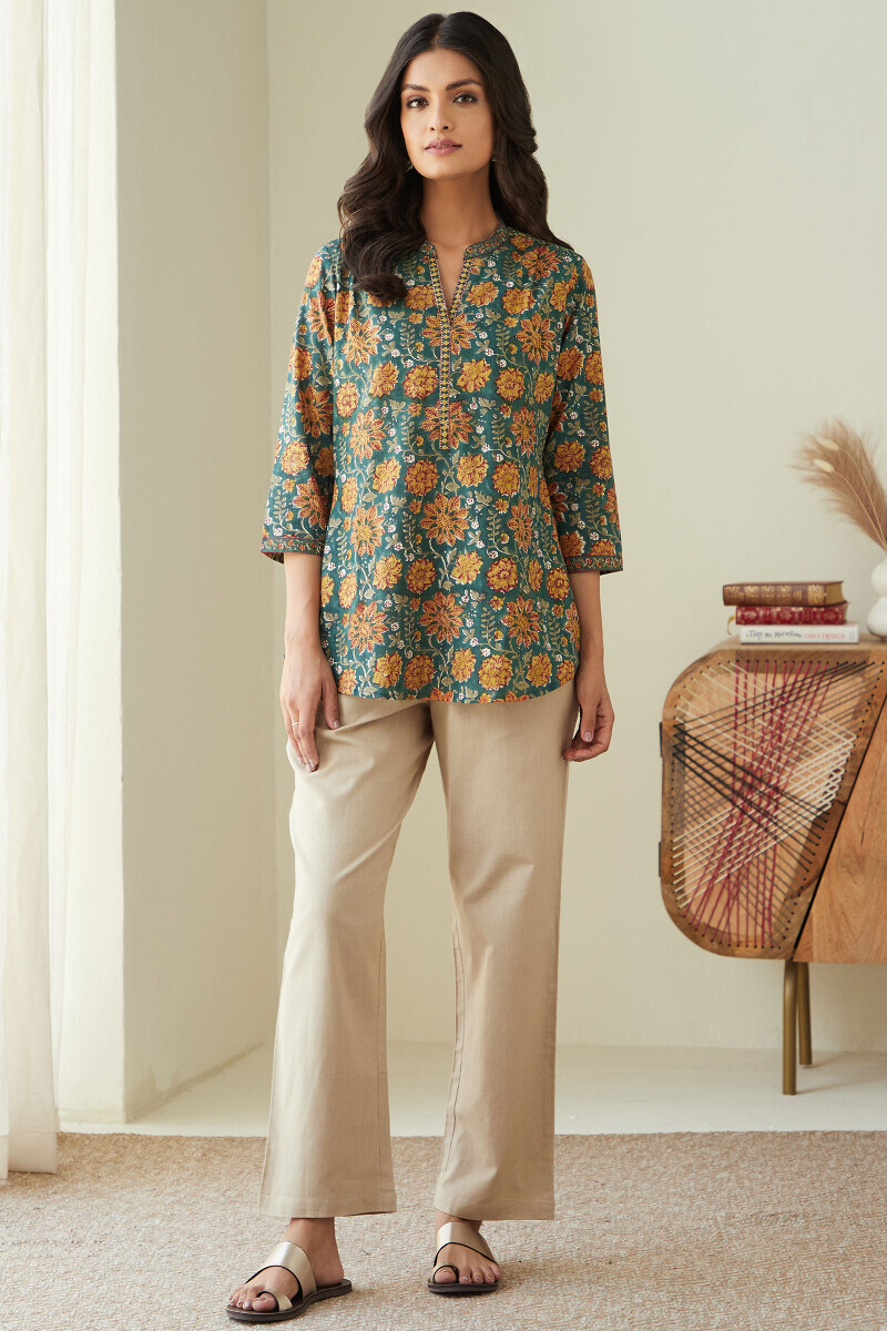 Green Hand Block-Printed Cotton Top